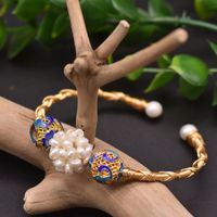 Wholesale Retro Flower Copper Plating Inlay 18K Gold Plated Pearl Bangle sku image 8