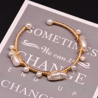 Wholesale Retro Flower Copper Plating Inlay 18K Gold Plated Pearl Bangle sku image 9