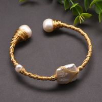 Retro Solid Color Stainless Steel Freshwater Pearl Plating 18k Gold Plated Bangle main image 4