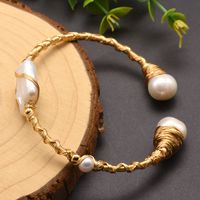 Retro Solid Color Stainless Steel Freshwater Pearl Plating 18k Gold Plated Bangle main image 3