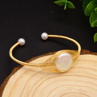 Retro Solid Color Stainless Steel Freshwater Pearl Plating 18k Gold Plated Bangle sku image 1