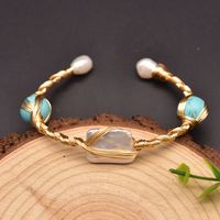Retro Solid Color Stainless Steel Freshwater Pearl Plating 18k Gold Plated Bangle sku image 4