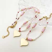 304 Stainless Steel Beaded Natural Stone Gold Plated Cute Sweet Beaded Plating Heart Shape Natural Stone Pearl Beads Bracelets Necklace main image 3