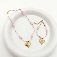 304 Stainless Steel Beaded Natural Stone Gold Plated Cute Sweet Beaded Plating Heart Shape Natural Stone Pearl Beads Bracelets Necklace main image 6