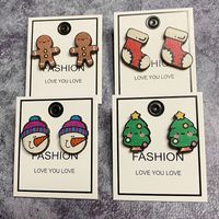 1 Pair Cute Christmas Tree Gingerbread Snowman Wood Ear Studs main image 1