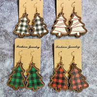 1 Pair Retro Christmas Tree Plaid Wood Drop Earrings main image 6