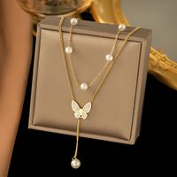 Simple Style Butterfly Titanium Steel 18k Gold Plated Shell Double Layer Necklaces In Bulk sku image 1