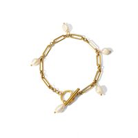 French Style Solid Color 201 Stainless Steel Freshwater Pearl 18K Gold Plated Bracelets In Bulk main image 2