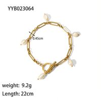French Style Solid Color 201 Stainless Steel Freshwater Pearl 18K Gold Plated Bracelets In Bulk sku image 1