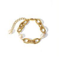 French Style Solid Color 201 Stainless Steel Freshwater Pearl 18K Gold Plated Bracelets In Bulk main image 2