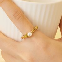 Lady Solid Color Stainless Steel Titanium Steel Plating Inlay Pearl 18k Gold Plated Open Rings main image 1