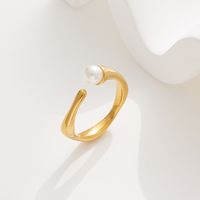 Lady Solid Color Stainless Steel Titanium Steel Plating Inlay Pearl 18k Gold Plated Open Rings main image 4