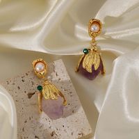 1 Pair Sweet Flower Plating Inlay Copper Imitation Pearl Amethyst 14k Gold Plated Drop Earrings main image 4