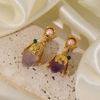 1 Pair Sweet Flower Plating Inlay Copper Imitation Pearl Amethyst 14k Gold Plated Drop Earrings main image 1
