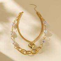 Wholesale Jewelry Hip-Hop Sweet Heart Shape Imitation Pearl Iron Aluminum Layered Plating Layered Necklaces main image 3