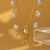 Wholesale Jewelry Hip-Hop Sweet Heart Shape Imitation Pearl Iron Aluminum Layered Plating Layered Necklaces sku image 1