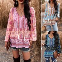 Women's Blouse Long Sleeve Blouses Printing Button Simple Style Flower main image 1
