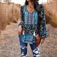 Women's Blouse Long Sleeve Blouses Printing Button Simple Style Flower main image 3