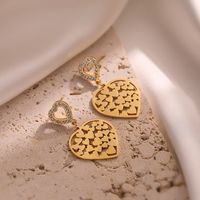 1 Pair Vintage Style Simple Style Heart Shape Plating Hollow Out Inlay 304 Stainless Steel Zircon 18K Gold Plated Drop Earrings main image 3