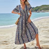 Frau Normales Kleid Sommerkleid Elegant Bohemien V-ausschnitt Kurzarm Drucken Maxi Langes Kleid Ferien Strand main image 2