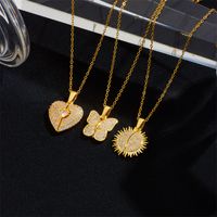 Vintage Style Sun Heart Shape Butterfly Titanium Steel Plating Inlay Zircon Gold Plated Pendant Necklace main image 2
