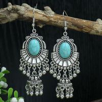 Wholesale Jewelry Bohemian Round Water Droplets Arylic Turquoise Tassel Hollow Out Inlay Drop Earrings main image 5