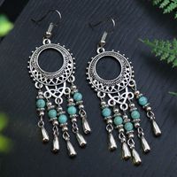 Wholesale Jewelry Bohemian Round Water Droplets Arylic Turquoise Tassel Hollow Out Inlay Drop Earrings main image 2