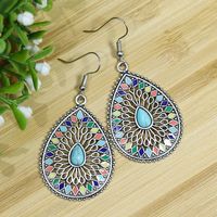 Wholesale Jewelry Bohemian Round Water Droplets Arylic Turquoise Tassel Hollow Out Inlay Drop Earrings sku image 8