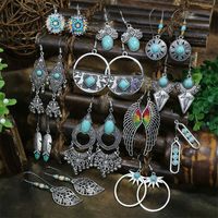 Wholesale Jewelry Casual Bohemian Round Rhombus Alloy Turquoise Hollow Out Inlay Drop Earrings main image 1