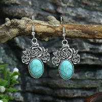 Wholesale Jewelry Casual Bohemian Round Rhombus Alloy Turquoise Hollow Out Inlay Drop Earrings sku image 1