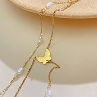 304 Stainless Steel Freshwater Pearl IG Style French Style Inlay Butterfly Freshwater Pearl Shell Double Layer Necklaces main image 2