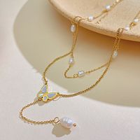304 Stainless Steel Freshwater Pearl IG Style French Style Inlay Butterfly Freshwater Pearl Shell Double Layer Necklaces main image 1