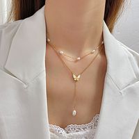 304 Stainless Steel Freshwater Pearl IG Style French Style Inlay Butterfly Freshwater Pearl Shell Double Layer Necklaces main image 3