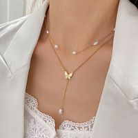 304 Stainless Steel Freshwater Pearl IG Style French Style Inlay Butterfly Freshwater Pearl Shell Double Layer Necklaces main image 4