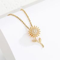 Basic Classic Style Sunflower Titanium Steel Inlay Zircon Pendant Necklace main image 6