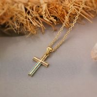 Basic Classic Style Cross Copper 18k Gold Plated Zircon Pendant Necklace In Bulk main image 3