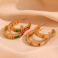 1 Pair Simple Style Solid Color Plating Inlay Stainless Steel Zircon 18k Gold Plated Hoop Earrings main image 1