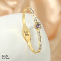 Vintage Style Simple Style Heart Shape 304 Stainless Steel 18K Gold Plated Rhinestones Bangle In Bulk main image 4
