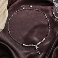 Baroque Style Bow Knot Copper Plating Inlay Freshwater Pearl 18k Gold Plated Silver Plated Pendant Necklace main image 5