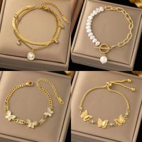 Lady Butterfly Titanium Steel Plating Inlay Freshwater Pearl Bracelets main image 1