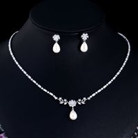 Copper White Gold Plated Rhodium Plated Luxurious Wedding Bridal Water Droplets Earrings Necklace sku image 1