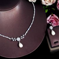 Copper White Gold Plated Rhodium Plated Luxurious Wedding Bridal Water Droplets Earrings Necklace main image 7