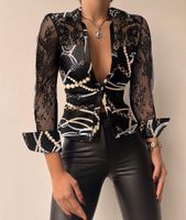 Frau Bluse Lange Ärmel Blusen Spitze Patchwork Sexy Drucken Einfarbig sku image 1