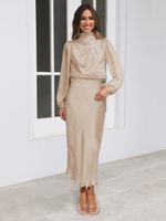 Party Dress Simple Style Standing Collar Pleated Long Sleeve Solid Color Midi Dress Party Street main image 5