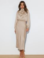 Party Dress Simple Style Standing Collar Pleated Long Sleeve Solid Color Midi Dress Party Street sku image 3
