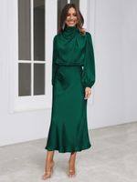 Party Dress Simple Style Standing Collar Pleated Long Sleeve Solid Color Midi Dress Party Street sku image 7