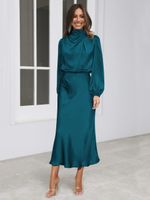 Party Dress Simple Style Standing Collar Pleated Long Sleeve Solid Color Midi Dress Party Street sku image 15