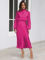 Party Dress Simple Style Standing Collar Pleated Long Sleeve Solid Color Midi Dress Party Street sku image 21