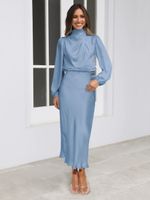 Party Dress Simple Style Standing Collar Pleated Long Sleeve Solid Color Midi Dress Party Street sku image 17