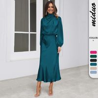 Party Dress Simple Style Standing Collar Pleated Long Sleeve Solid Color Midi Dress Party Street main image 3